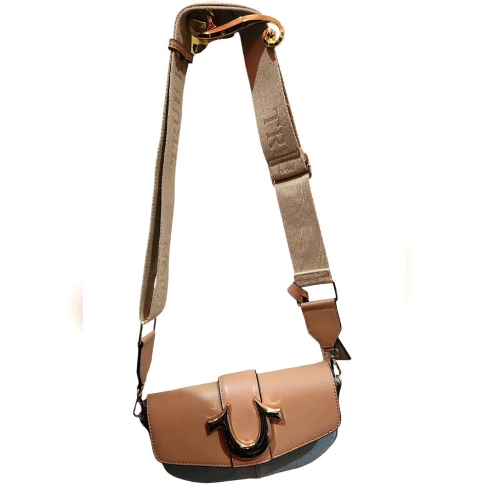 NWT True Religion Tan and Denim Shoulder Bag with Gold Accent